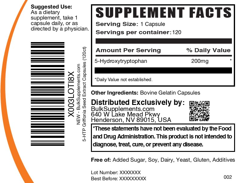 BulkSupplements.com 5-HTP Capsules - 5-Hydroxytryptophan, 5-HTP 200mg, 5 HTP Supplement - Amino Acid Supplement, Gluten Free, 1 Capsule per Serving, 120 Capsules (Pack of 1) - Image 6