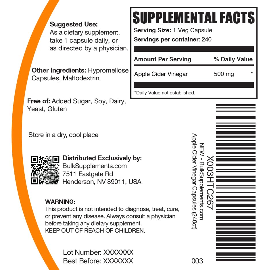 BulkSupplements.com Apple Cider Vinegar Capsules - ACV Capsules, Apple Cider Vinegar Supplements, Apple Cider Vinegar 500mg - Gluten Free, Capsule per Serving, 240 Capsules (Pack of 1) - Image 4