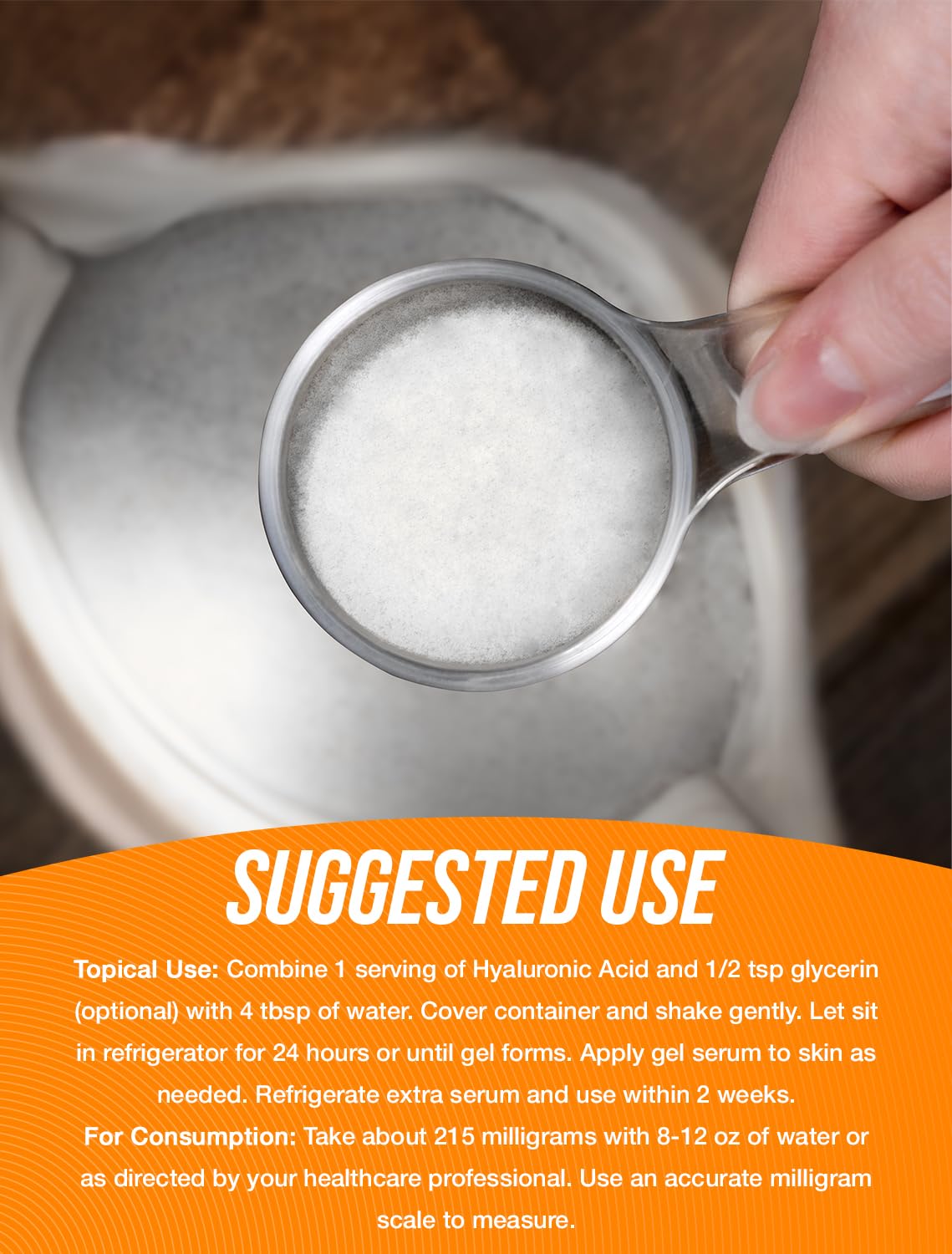 BulkSupplements.com Hyaluronic Acid Powder - as Sodium Hyaluronate, Hyaluronic Acid Supplements - Food Grade, Gluten Free - 215mg per Serving, 50g (1.8 oz) (Pack of 1) - Image 4