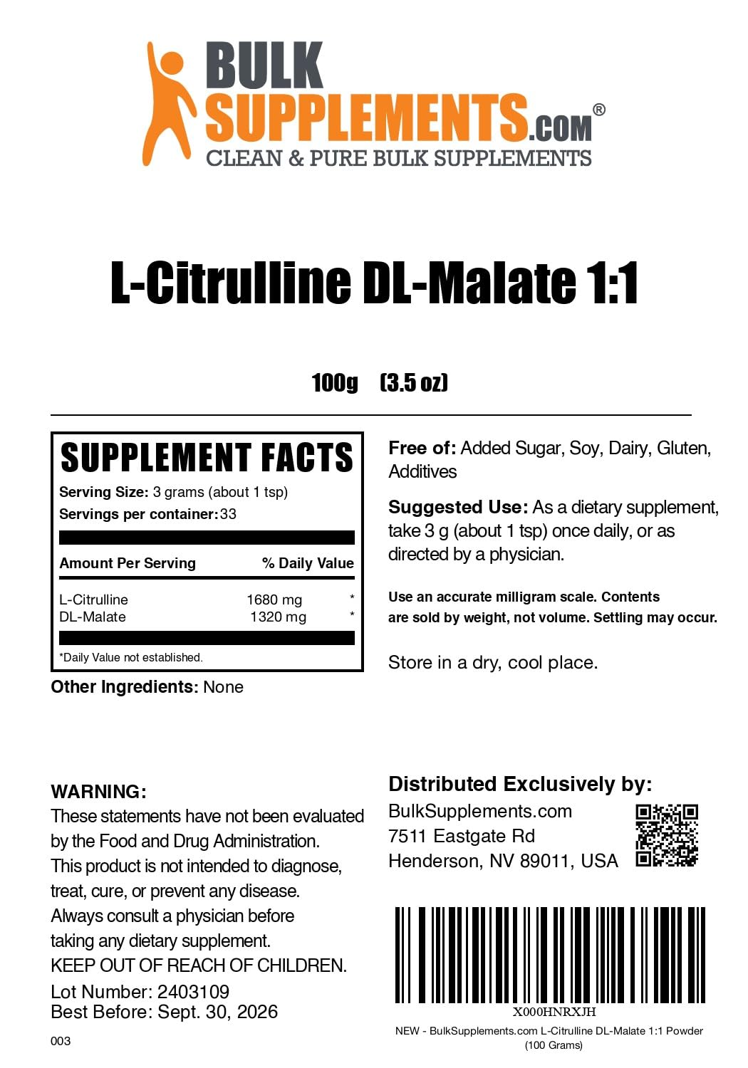 BulkSupplements.com L-Citrulline Malate 1:1 Powder - Citrulline Powder, Amino Acid Supplement - Unflavored & Gluten Free - 3g per Servings, 100g (3.5 oz) (Pack of 1) - Image 6