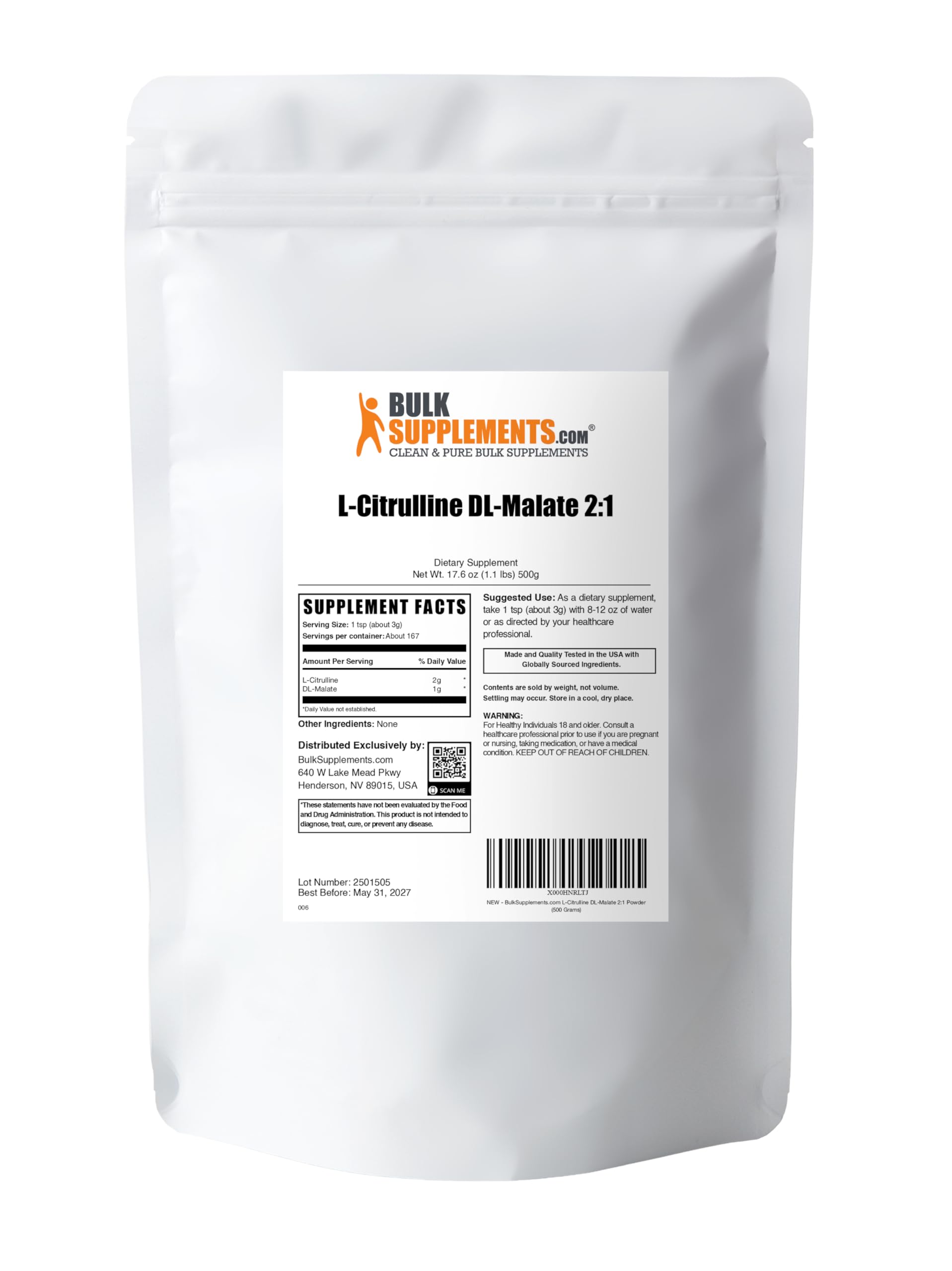 BulkSupplements.com L-Citrulline Malate 2:1 Powder - Nitric Oxide Boost, Citrulline Malate Supplement - Unflavored & Gluten Free - 3g per Servings, 500g (1.1 lbs) (Pack of 1) - Image 6