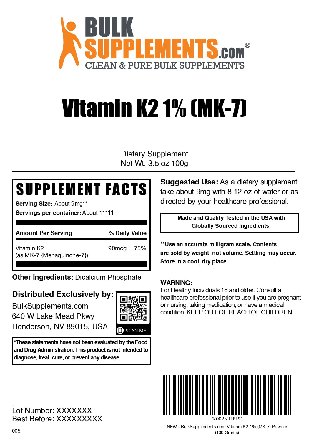 BulkSupplements.com Vitamin K2 Powder - Vitamin K2 MK-7, as Menaquinone Powder - K2 Vitamin Supplement for Wellness, Gluten Free, 9mg per Serving, 100g (3.5 oz) (Pack of 1) - Image 6